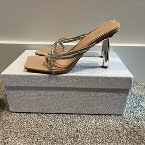 Olivia Miller Nude Rhinestone Heels with Chrome Sculpted Heel – Size 7.5